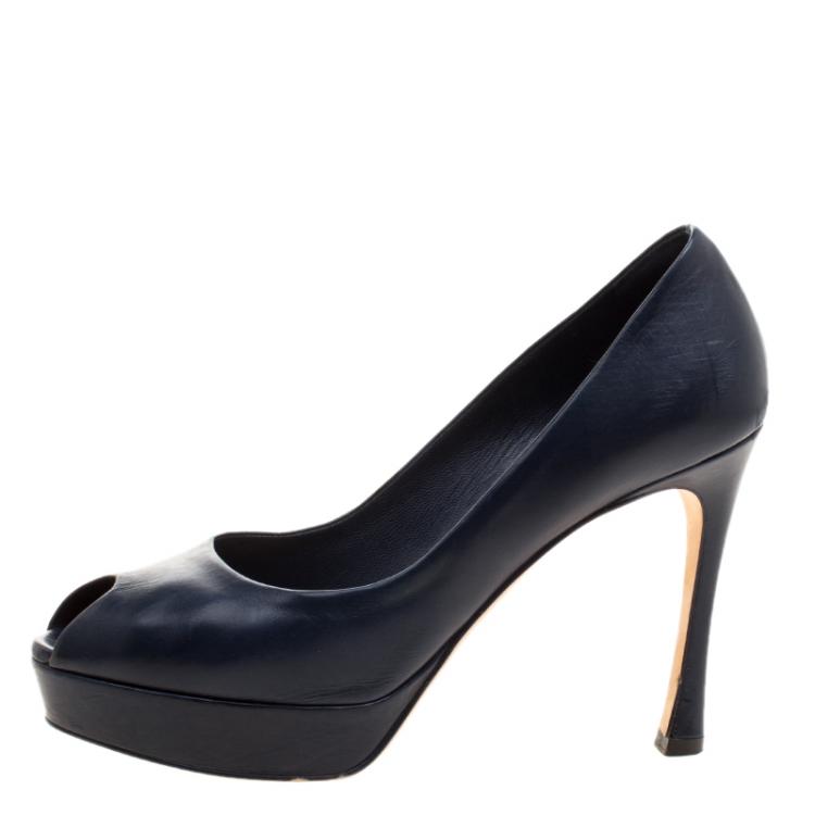مملوكة مسبقًا Saint Laurent Navy Blue Leather Peep Toe Platform Pumps Size 36.5