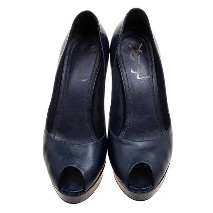 مملوكة مسبقًا Saint Laurent Navy Blue Leather Peep Toe Platform Pumps Size 36.5