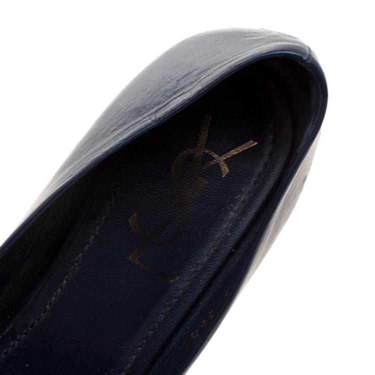 مملوكة مسبقًا Saint Laurent Navy Blue Leather Peep Toe Platform Pumps Size 36.5