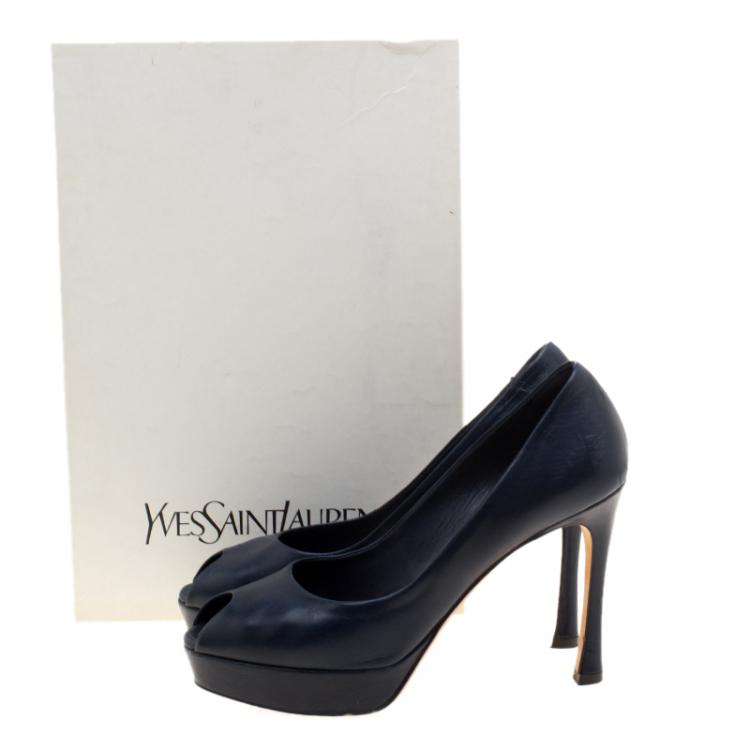 مملوكة مسبقًا Saint Laurent Navy Blue Leather Peep Toe Platform Pumps Size 36.5