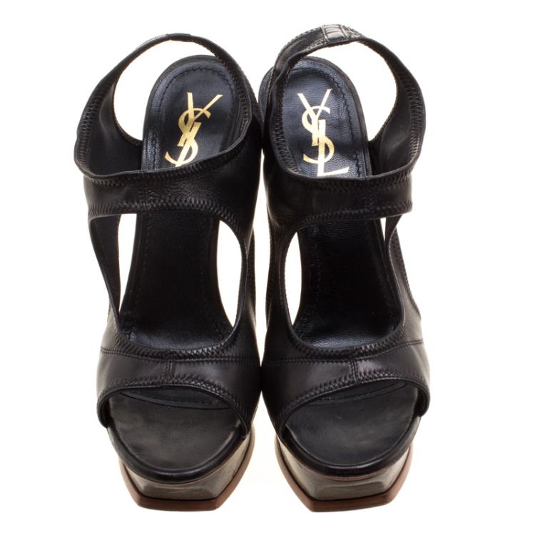 Pre Owned Saint Laurent Black Leather Platform Sandals Size 40.5