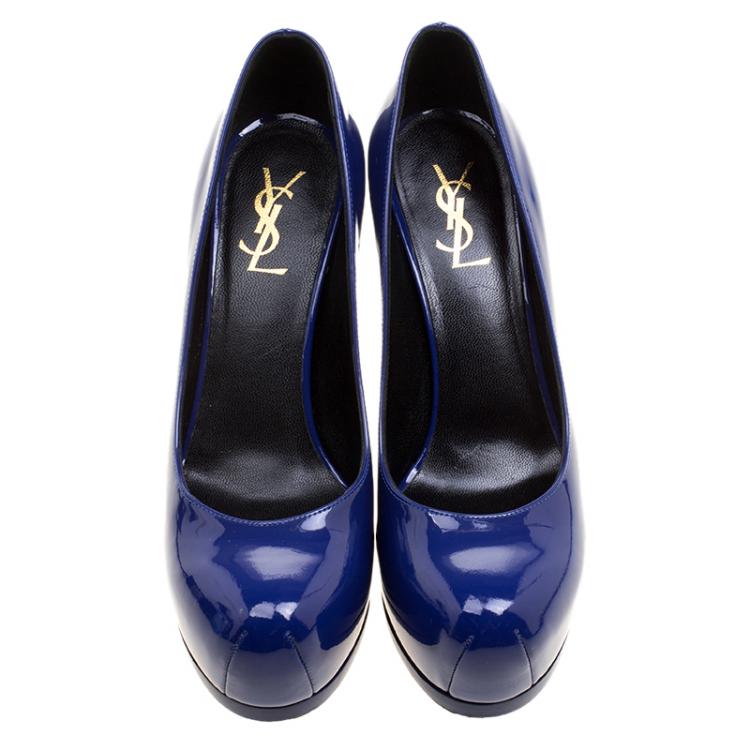 Pre Owned Saint Laurent Paris Blue Patent Leather Tribtoo Platform Pumps Size 38