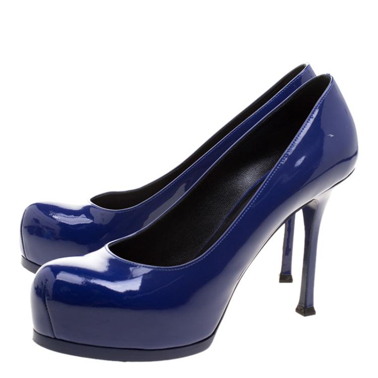 Pre Owned Saint Laurent Paris Blue Patent Leather Tribtoo Platform Pumps Size 38