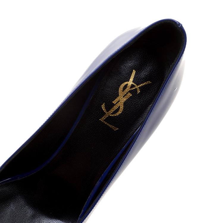 Pre Owned Saint Laurent Paris Blue Patent Leather Tribtoo Platform Pumps Size 38