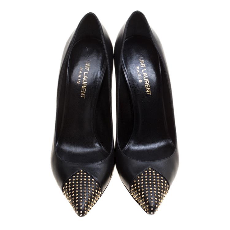 Pre Owned Saint Laurent Paris Black Studded Leather Janis Pointed Toe Pumps Size 37