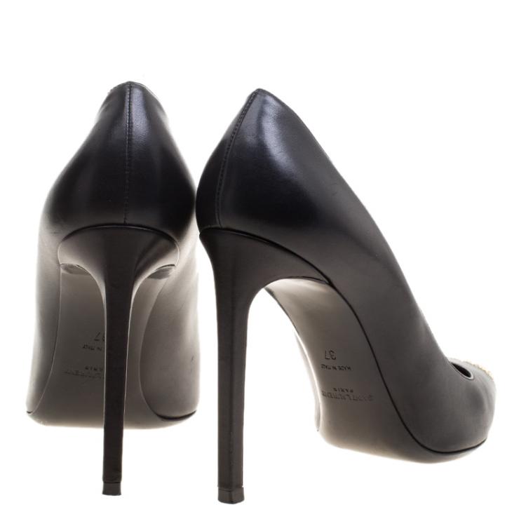 Pre Owned Saint Laurent Paris Black Studded Leather Janis Pointed Toe Pumps Size 37