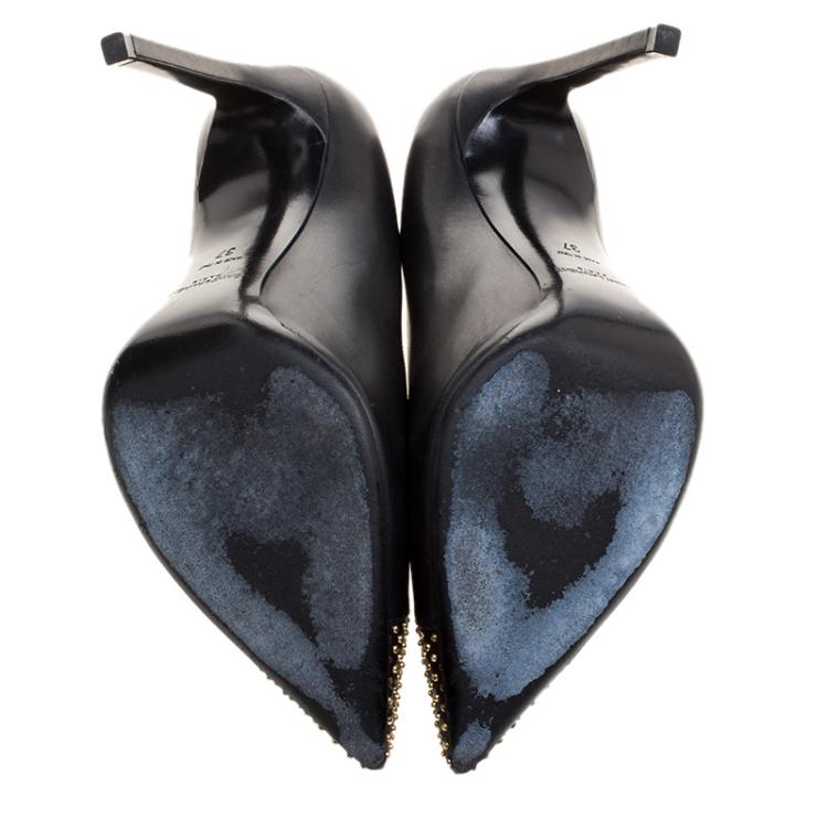 Pre Owned Saint Laurent Paris Black Studded Leather Janis Pointed Toe Pumps Size 37