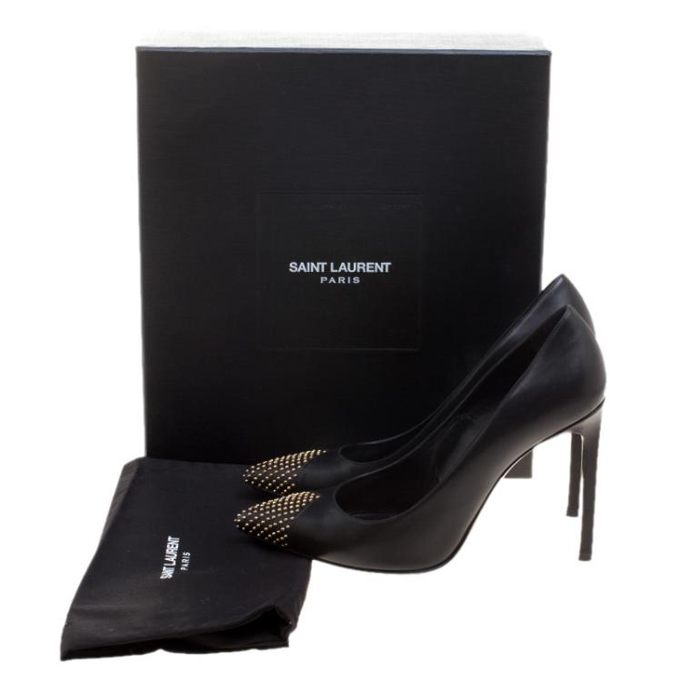 Pre Owned Saint Laurent Paris Black Studded Leather Janis Pointed Toe Pumps Size 37