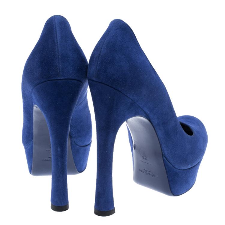 Pre Owned Saint Laurent Paris Cobalt Blue Suede Palais Platform Pumps Size 38