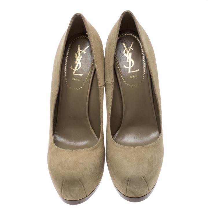 Pre Owned Yves Saint Laurent Beige Suede Tribtoo Platform Pumps Size 38.5