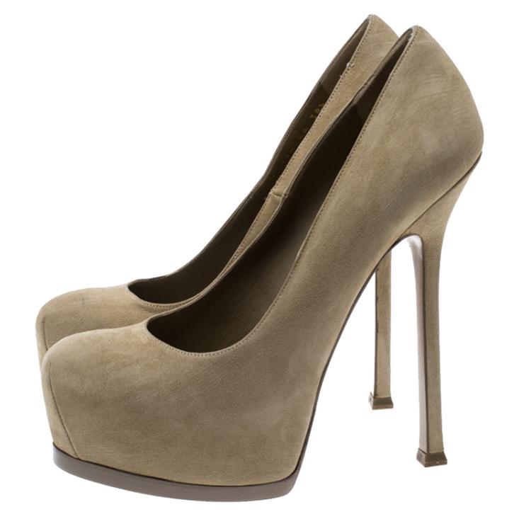 Pre Owned Yves Saint Laurent Beige Suede Tribtoo Platform Pumps Size 38.5
