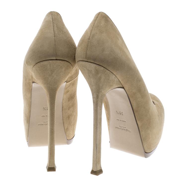 Pre Owned Yves Saint Laurent Beige Suede Tribtoo Platform Pumps Size 38.5