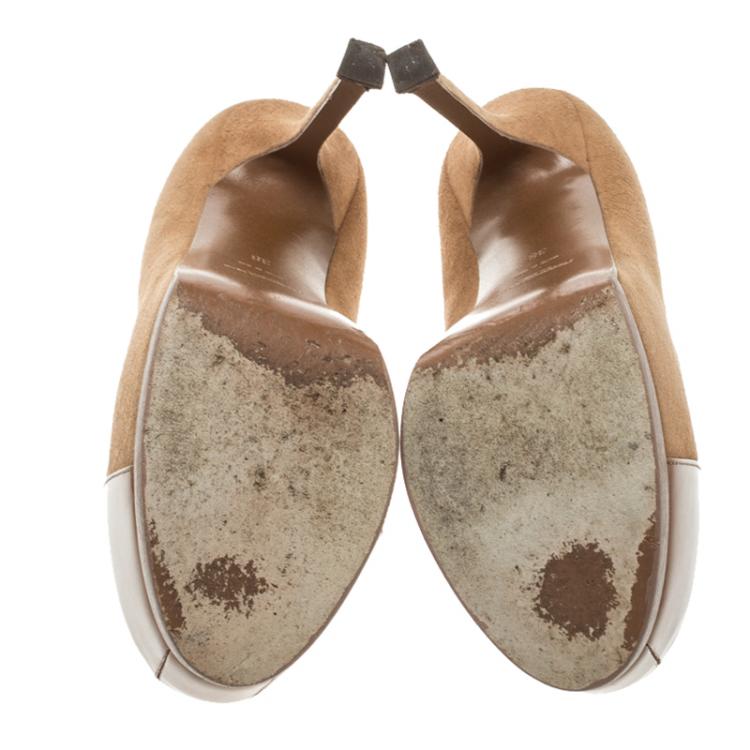 Pre Owned Saint Laurent Paris Brown Suede And Patent Leather Cap Toe Tribtoo Platform Pumps Size 38