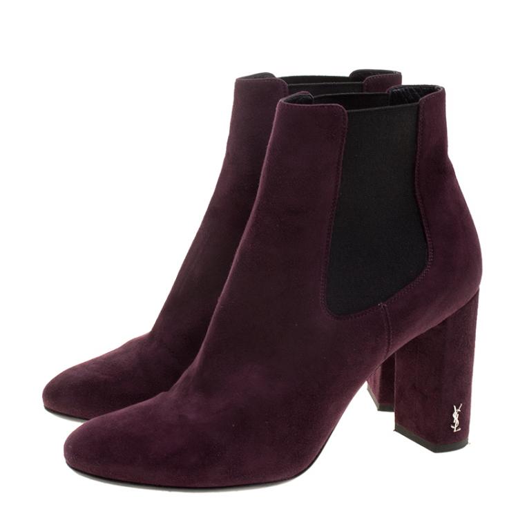Pre Owned Saint Laurent Paris Burgundy Suede Chelsea Ankle Boots Size 38