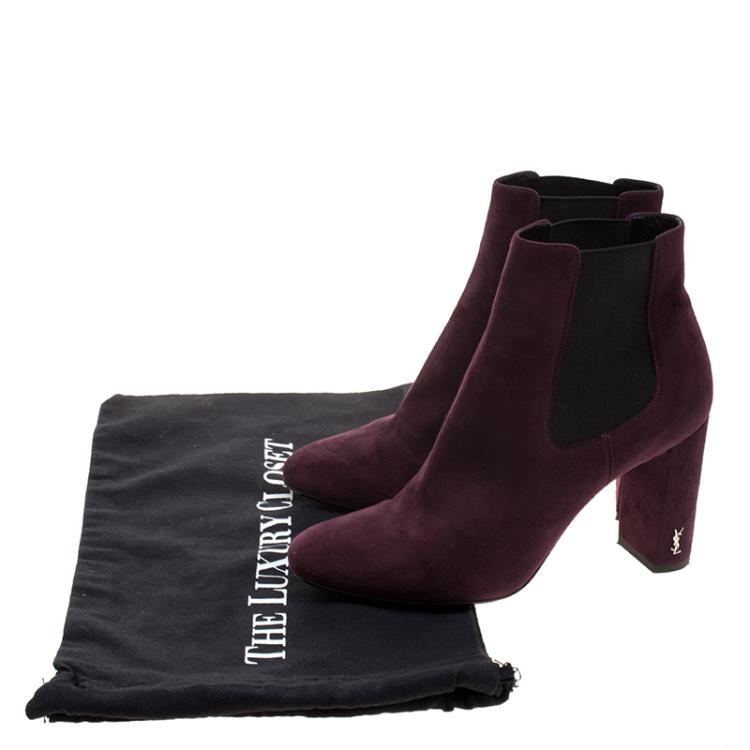 Pre Owned Saint Laurent Paris Burgundy Suede Chelsea Ankle Boots Size 38