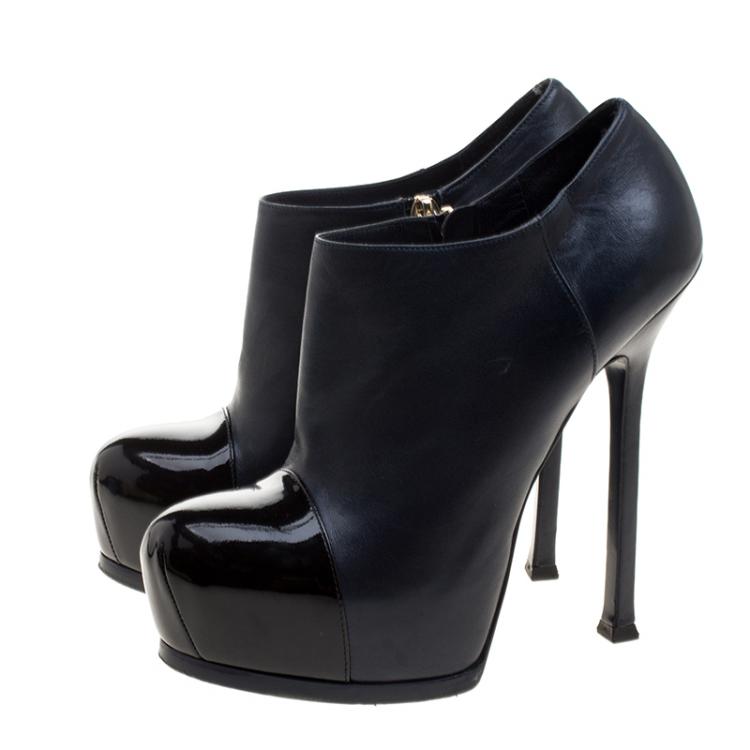 Pre Owned Saint Laurent Paris Two Tone Leather Tribtoo Cap Toe Platform Ankle Boots Size 38