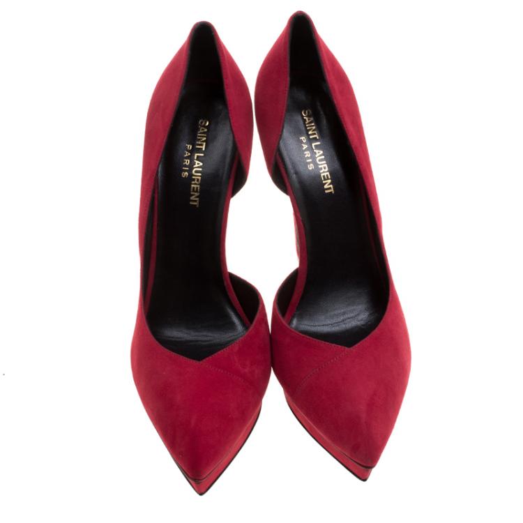 Pre Owned Saint Laurent Paris Cherry Red Suede Janis D'orsay Pointed Toe Platform Pumps Size 40