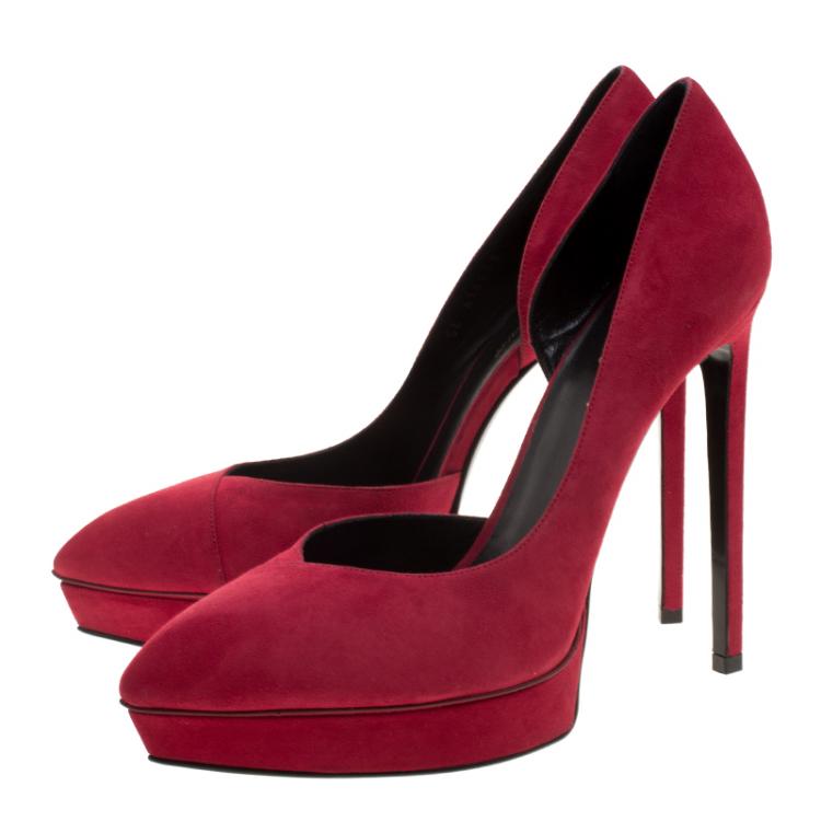Pre Owned Saint Laurent Paris Cherry Red Suede Janis D'orsay Pointed Toe Platform Pumps Size 40