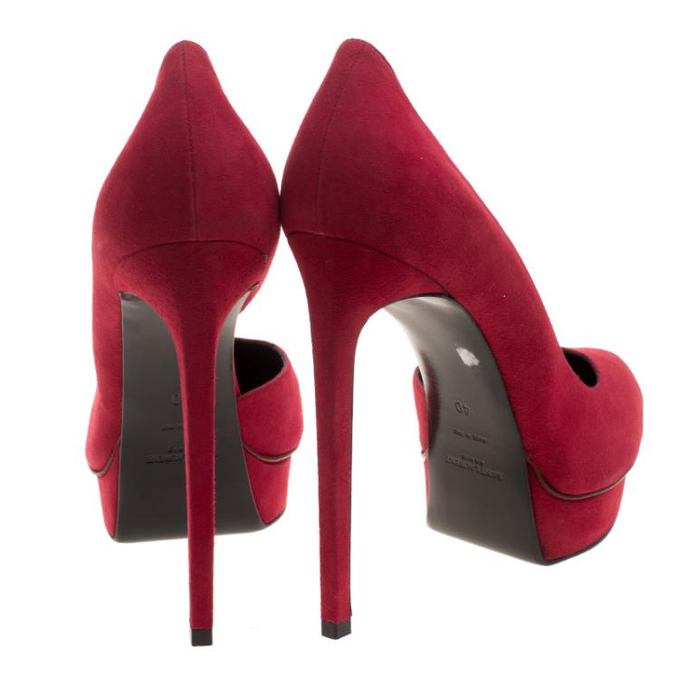 Pre Owned Saint Laurent Paris Cherry Red Suede Janis D'orsay Pointed Toe Platform Pumps Size 40