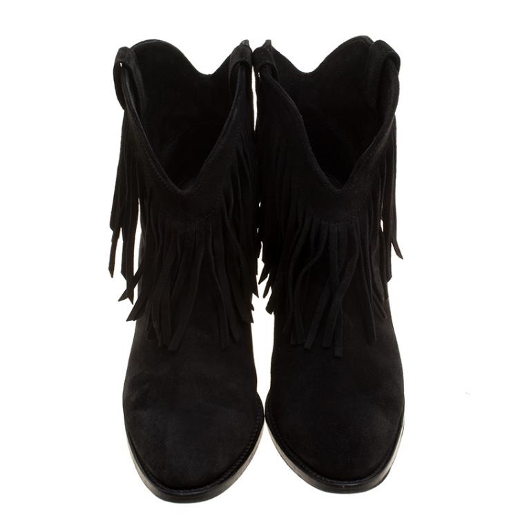 Pre Owned Saint Laurent Paris Black Suede Fringe New Western Boots Size 37