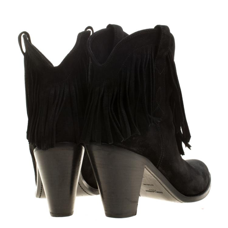 Pre Owned Saint Laurent Paris Black Suede Fringe New Western Boots Size 37