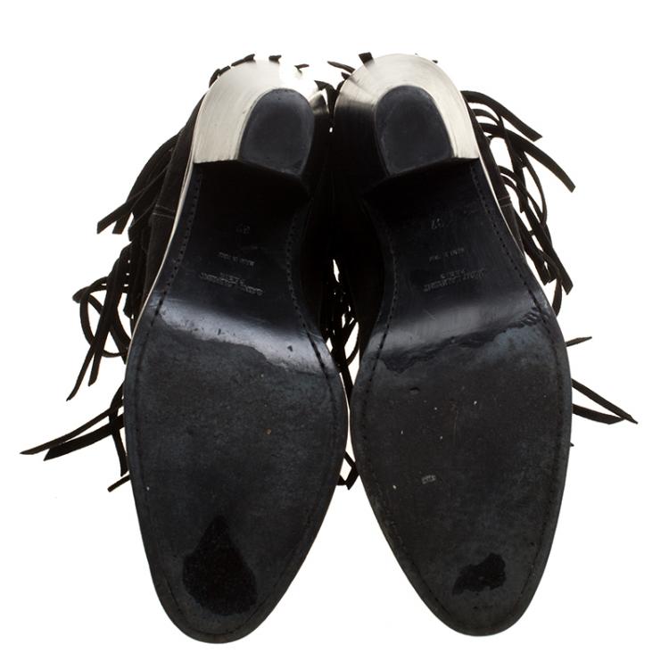 Pre Owned Saint Laurent Paris Black Suede Fringe New Western Boots Size 37