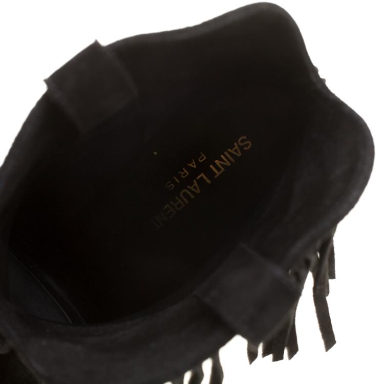 Pre Owned Saint Laurent Paris Black Suede Fringe New Western Boots Size 37