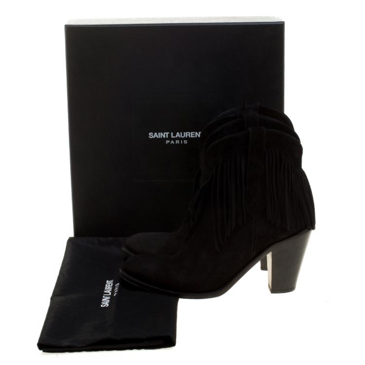 Pre Owned Saint Laurent Paris Black Suede Fringe New Western Boots Size 37