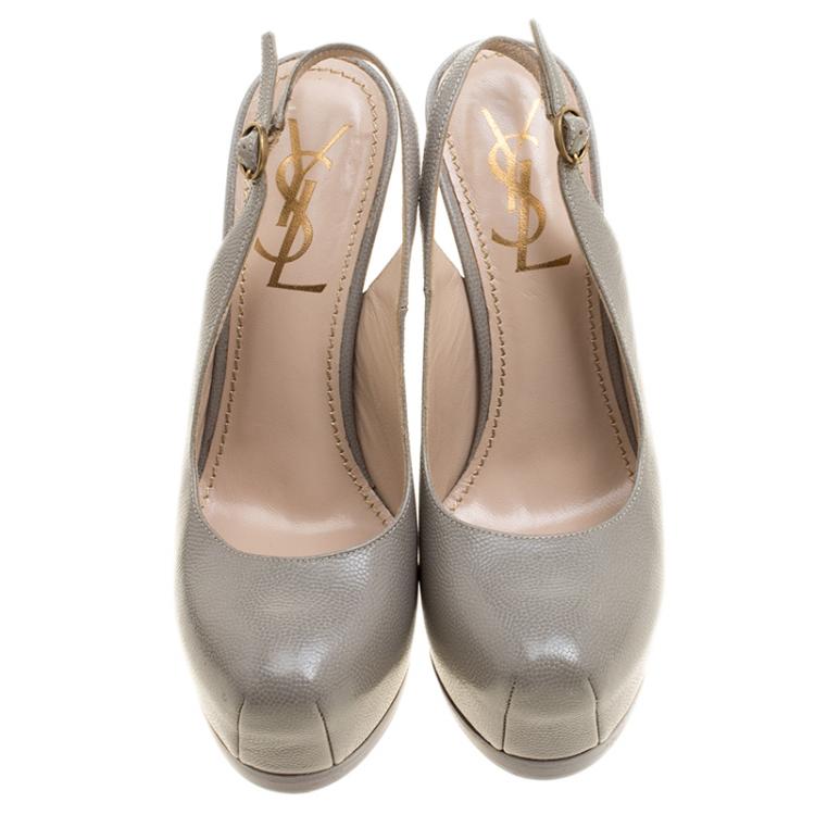 Pre Owned Saint Laurent Paris Grey Leather Tribtoo Slingback Platform Sandals Size 35