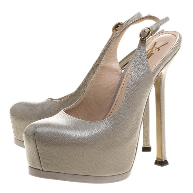 Pre Owned Saint Laurent Paris Grey Leather Tribtoo Slingback Platform Sandals Size 35