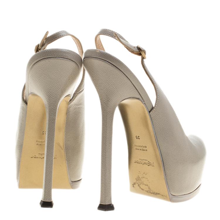 Pre Owned Saint Laurent Paris Grey Leather Tribtoo Slingback Platform Sandals Size 35