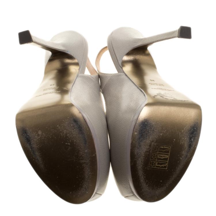 Pre Owned Saint Laurent Paris Grey Leather Tribtoo Slingback Platform Sandals Size 35