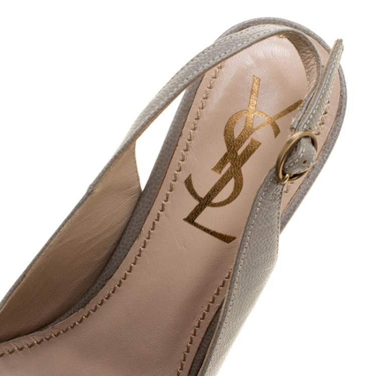Pre Owned Saint Laurent Paris Grey Leather Tribtoo Slingback Platform Sandals Size 35