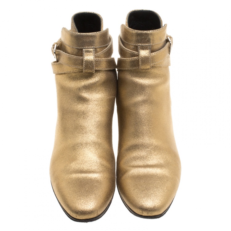 Pre Owned Saint Laurent Paris Gold Leather Wyatt 40 Jodhpur Ankle Boots 38