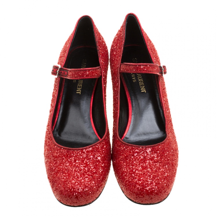 مملوكة مسبقًا Saint Laurent Paris Red And Pink Glitter Babies Block Heel Pumps Size 36