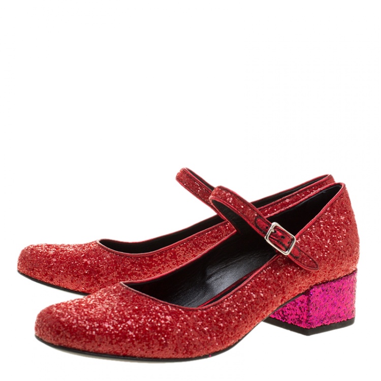 مملوكة مسبقًا Saint Laurent Paris Red And Pink Glitter Babies Block Heel Pumps Size 36