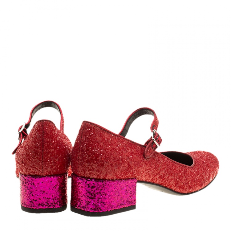 مملوكة مسبقًا Saint Laurent Paris Red And Pink Glitter Babies Block Heel Pumps Size 36