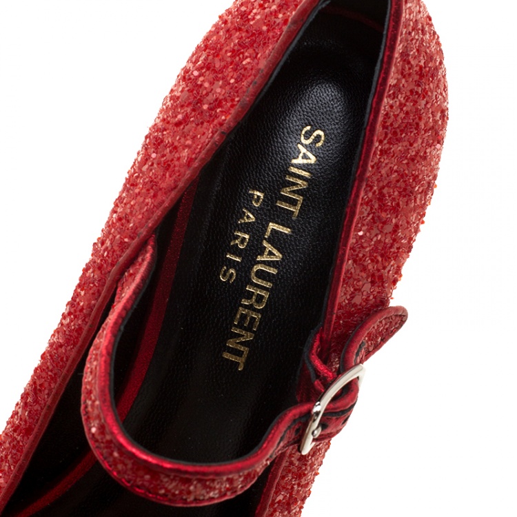 مملوكة مسبقًا Saint Laurent Paris Red And Pink Glitter Babies Block Heel Pumps Size 36