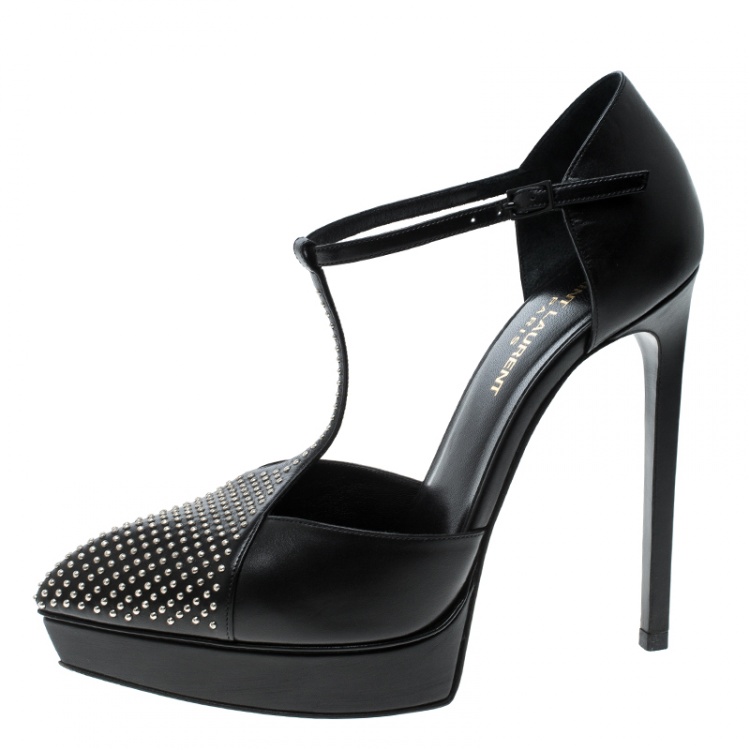 Pre Owned Saint Laurent Paris Black Leather Studded T-Strap Pointed Toe Sandals Size 38