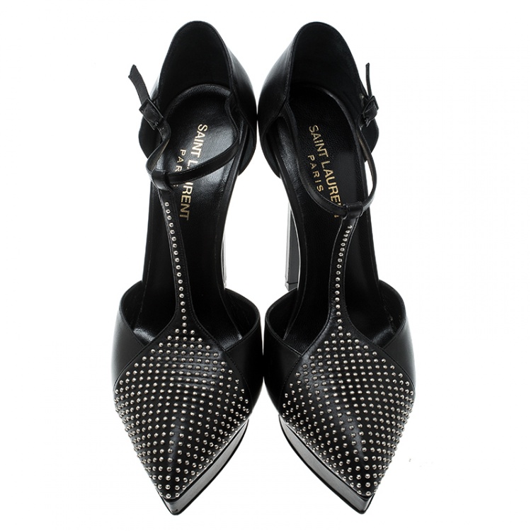 Pre Owned Saint Laurent Paris Black Leather Studded T-Strap Pointed Toe Sandals Size 38