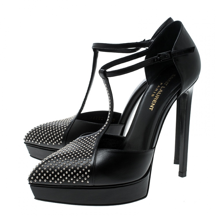 Pre Owned Saint Laurent Paris Black Leather Studded T-Strap Pointed Toe Sandals Size 38