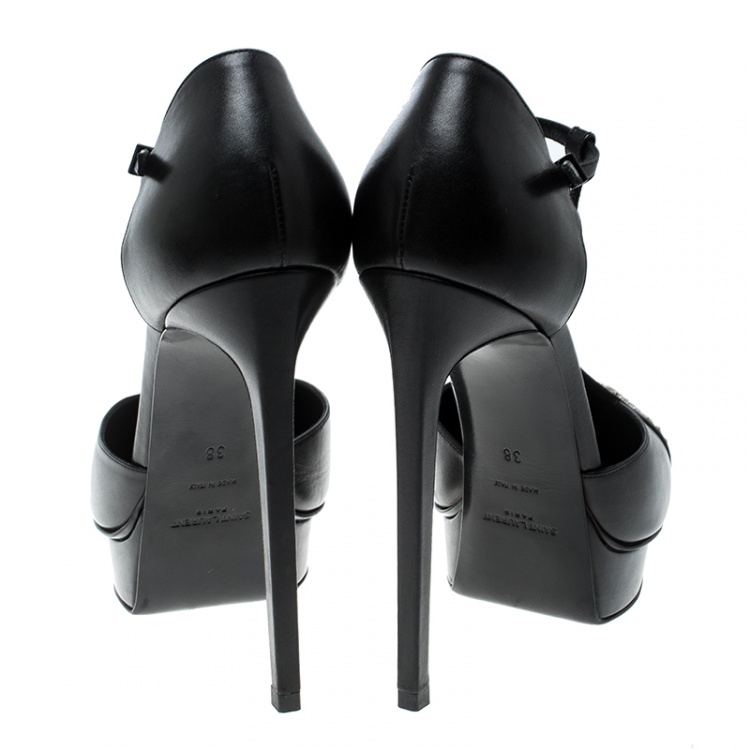 Pre Owned Saint Laurent Paris Black Leather Studded T-Strap Pointed Toe Sandals Size 38