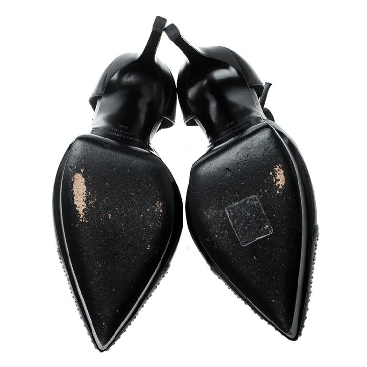 Pre Owned Saint Laurent Paris Black Leather Studded T-Strap Pointed Toe Sandals Size 38