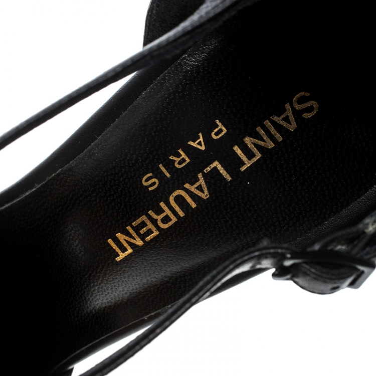 Pre Owned Saint Laurent Paris Black Leather Studded T-Strap Pointed Toe Sandals Size 38