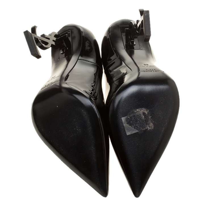 Pre Owned Saint Laurent Paris Black Patent Leather YSL Heel Pointed Toe Pumps Size 38