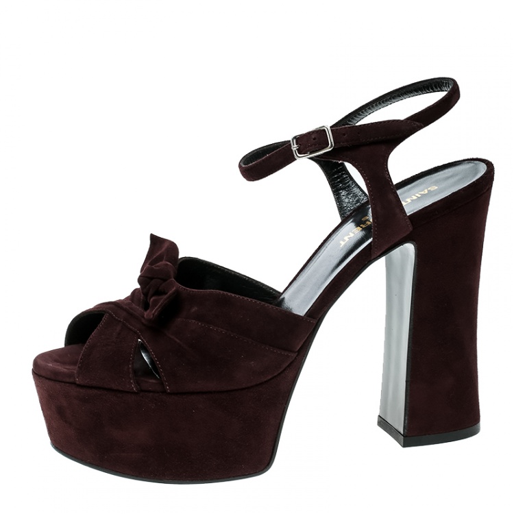 Pre Owned Saint Laurent Paris Dark Brown Suede Candy Ankle Strap Platform Sandals Size 37.5