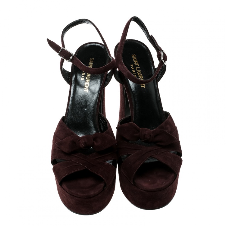 Pre Owned Saint Laurent Paris Dark Brown Suede Candy Ankle Strap Platform Sandals Size 37.5