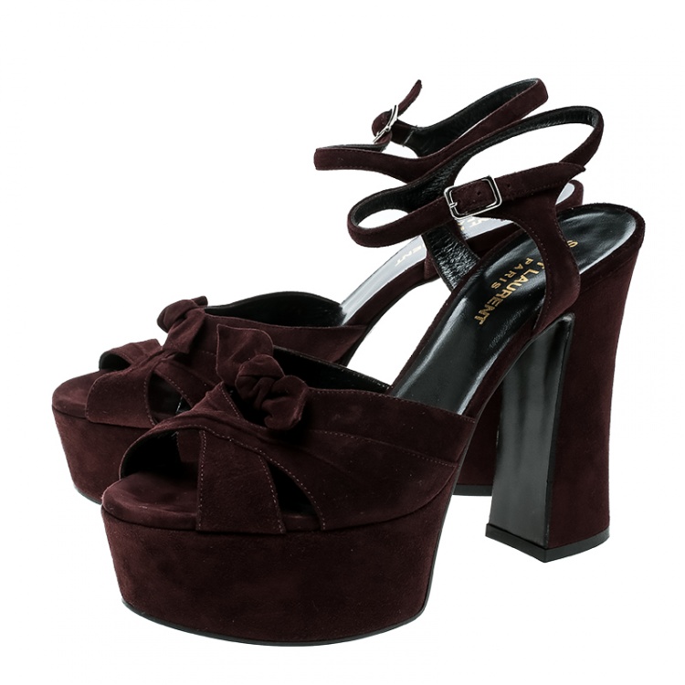 Pre Owned Saint Laurent Paris Dark Brown Suede Candy Ankle Strap Platform Sandals Size 37.5