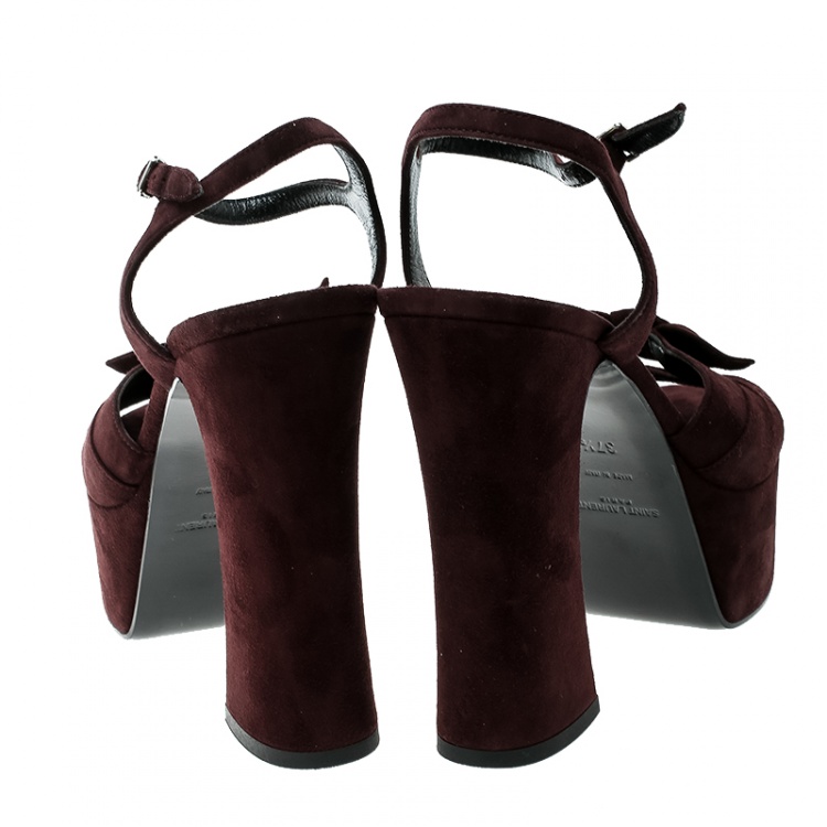 Pre Owned Saint Laurent Paris Dark Brown Suede Candy Ankle Strap Platform Sandals Size 37.5