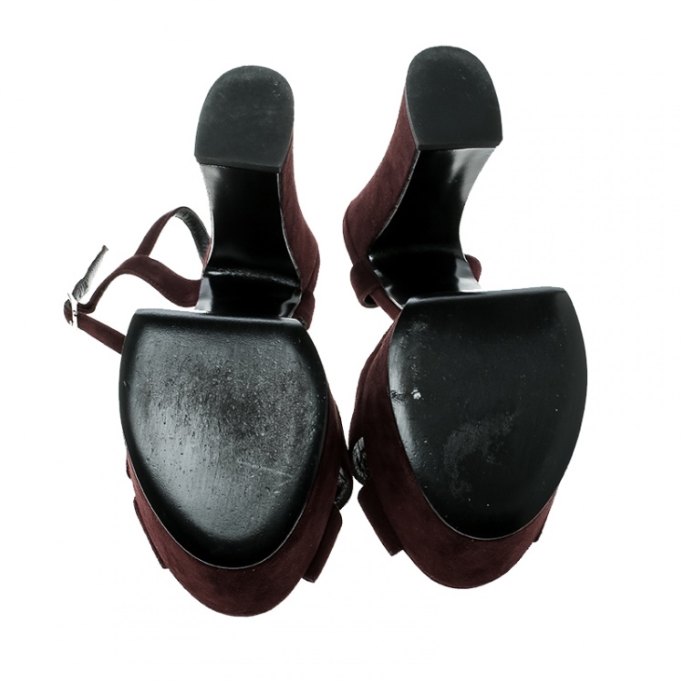 Pre Owned Saint Laurent Paris Dark Brown Suede Candy Ankle Strap Platform Sandals Size 37.5